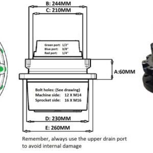 Transmisie finala Komatsu PC75-11 cu porturi de scurgere superioare si dimensiuni detaliate